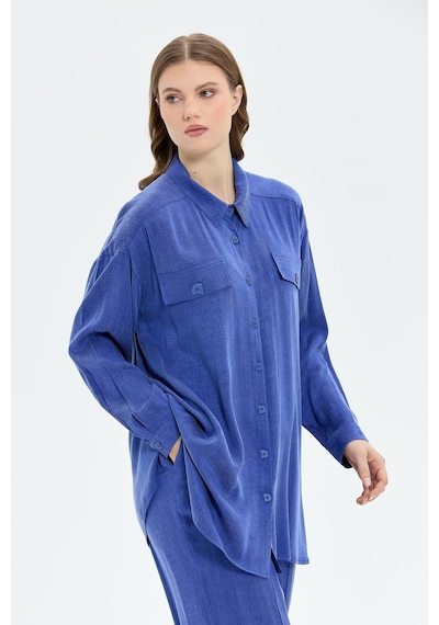 Müsemma Kadın Oversize Gömlek Yaka Midi Takım - Günlük Şıklık Saks