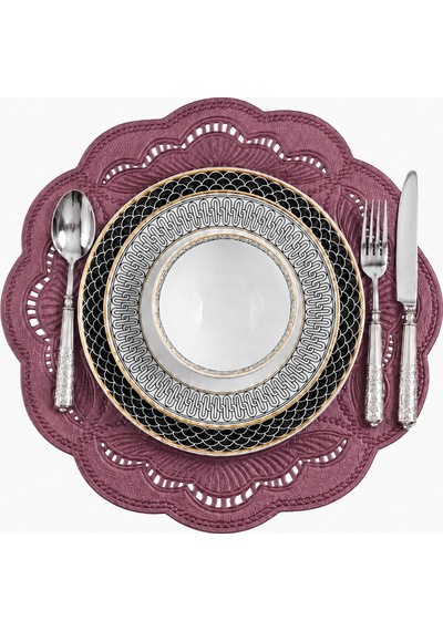 Nakışlı Deri Amerikan Servis 2'li Set Çift Taraflı Yuvarlak Supla Enzo 43x43 Cm Bordo