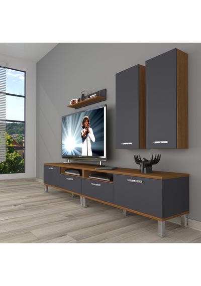 Decoraktiv Eko 5200d Mdf Krom Ayaklı Tv Ünitesi Tv Sehpası Ceviz - Antrasit