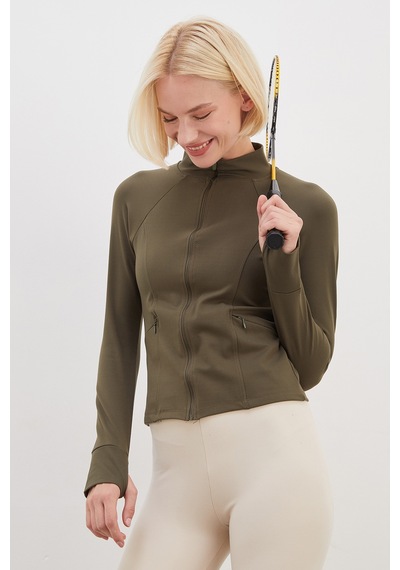 Fullamoda Parmak Geçirmeli Dalgıç Kumaş Slim Fit Ceket Haki