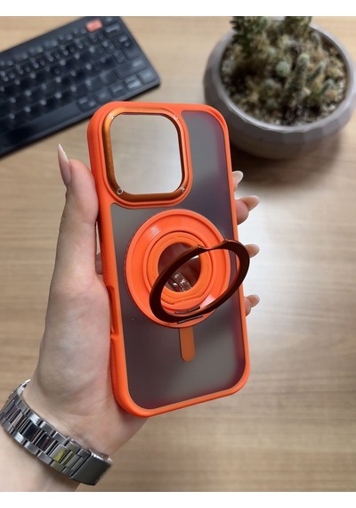 Apple Uyumlu iPhone 16 Standlı Ve Yüzüklü Magsafe Kılıf Soocase721 Turuncu