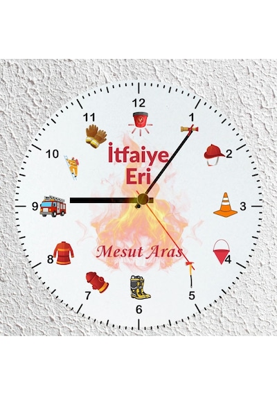 Kişiye Özel İsimli İtfaiyeci Cam Duvar Saati 30x30 Cm - İtfaiye Eri Meslek Hediyesi Çok Reenkli