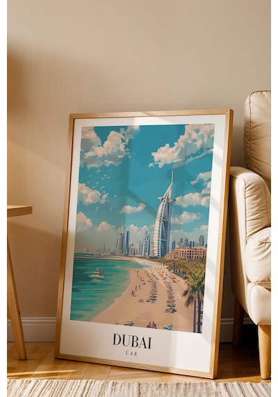 Dubai Uae Vintage Seyahat Posteri Çerçeveli Tablo - Premium Burj Al Arab Elit Duvar Dekoru Kayın