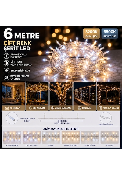 10 Metre Gün Işığı Beyaz Dönüşümlü Animasyonlu Flaşlı Ip44 Eklenebilir Led İp Işık Dış Mekan Dekorasyon Ct-8502