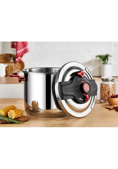 5106 - 2 Parça, İndüksiyonlu, Matik, 26 Cm - 14 Litre Düdüklü Tencere Gümüş - Kırmızı Renk Gümüş - Kırmızı
