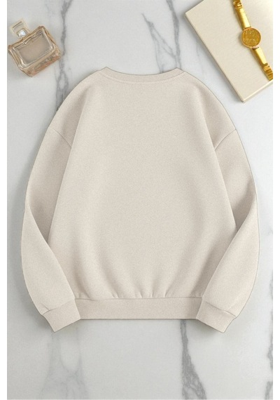 Uyguntarz Unisex Ballerina Cappucina Baskılı Oversize Bisiklet Yaka Sweatshirt Bej