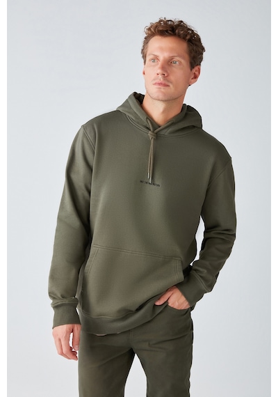 Grımelange Epic Erkek Yumusaçık Kumaşlı Kapüşonlu Kordonlu Regular Fit Nakışlı Haki Sweatshirt