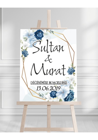 Söz Nişan Düğün İçin 50x70 Karşılama Panosu - Mavi Çiçek Tasarımlı 008 Beyaz