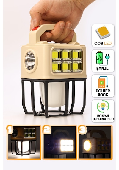 3 Modlu Şarjlı Kamp Lambası Solarlı 20 Watt Led Işık El Feneri Portatif Işıldak Gece Lamba Pr9802b Kahverengi