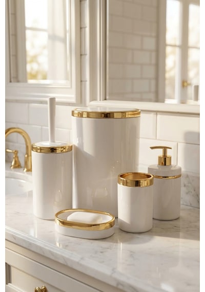 Makri Home Banyo Seti 5'li,akrilik-çöpkovası,wc Fırçalık,sıvı Sabunluk,diş Fırçalık,el Sabunluk,gold Renk Detay Beyaz