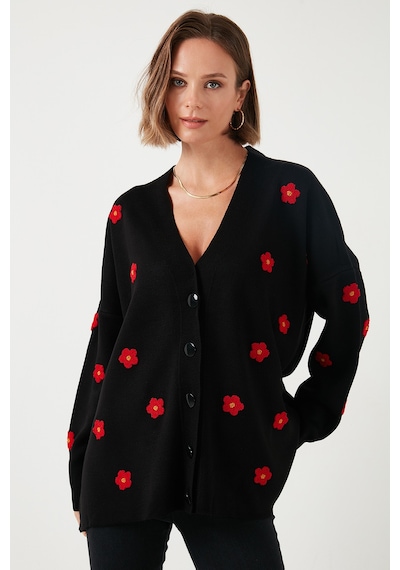 Lela Oversize Fit Çiçekli Düğmeli V Yaka Soft Akrilik Bayan Hırka 4616192 Siyah