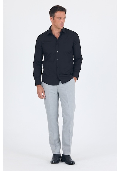 İmza Siyah Uzun Kol Sert Yaka Düz Pamuklu Slim Fit Gömlek 1004260057