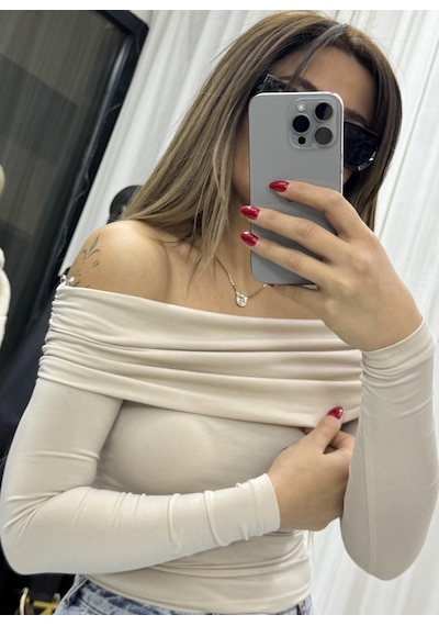 Daves Madonna Yaka Drapeli Uzun Kollu Sandy Body Bluz-taş TAŞ Taş