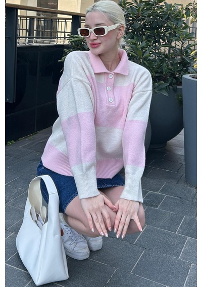 Madmext Pembe Düğmeli Polo Yaka Çizgili Kadın Kazak Mg2286 Pembe
