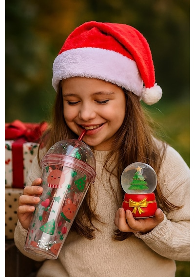 Trend Yeniyıl Yılbaşı 2'li Hediye Seti Noel Geyikli Pipetli Suluk Çam Ağacı Temalı Işıklı Kar Küresi Çok Renkli