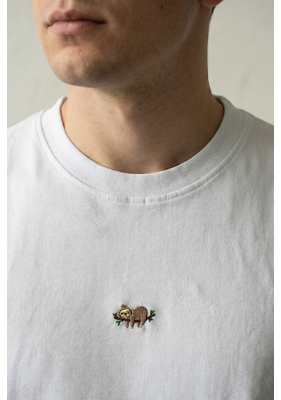 Elemge Pamuk Compact Penye Süprem Beyaz Koala Nakışlı Trend Fit Erkek Tok Kumaş T-shirt Rahat Kesim 2XL