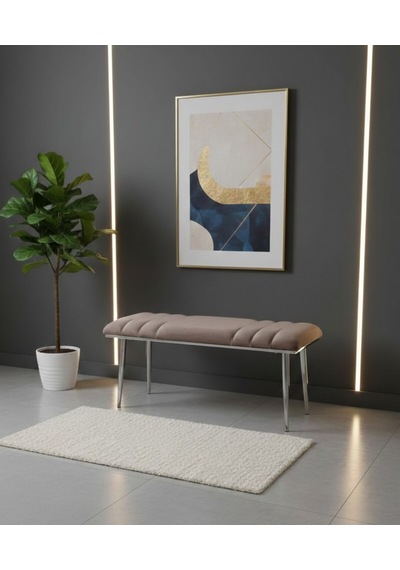 Özcan Metal Krom Metal Ayaklı Metal Kasalı Bench Mutfak Salon Antre Yatak Odası Balkon Puf Bank Kahverengi