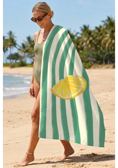 Limon Çizgili Premium Plaj Havlusu - Tropikal Modern Yeşil Sarı Hızlı Kuruyan Mikrofiber Havlu Çok Renkli