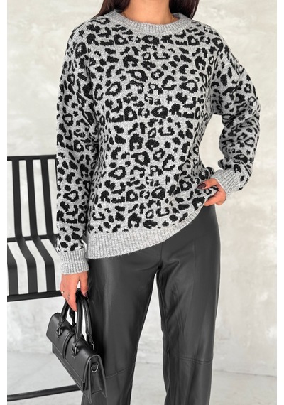 Femelle Kadın Gri Standart Beden Leopar Desen Oversize Triko Kazak