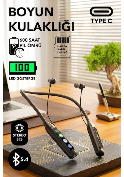 600 Saat Sporcu Kulaklığı Kablosuz Bluetoot Kulaklık Led Göstergeli Boyunluk Kulaklık Stereo V5.4