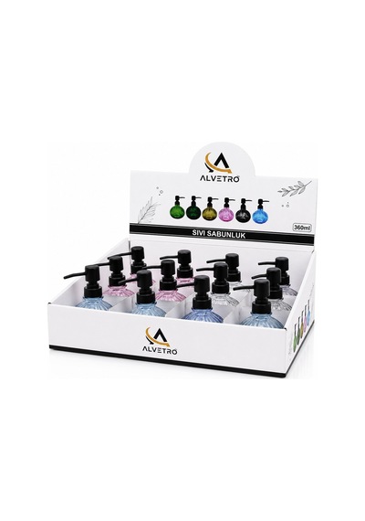Alvetro Alv-02 Sıvı Sabunluk 360ml Şeffaf Renkli Cam Yuvarlak Kesik Desenli - 12'li Paket Diğer