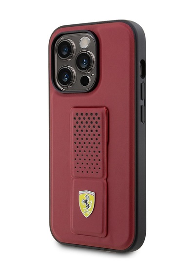 Apple Uyumlu iPhone 14 Pro Kılıf Ferrari Lisanlı Klasik Metal Logolu Delikli Standlı Deri Kapak Kırmızı