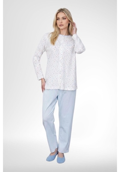 Mecit Pijama Mecit 6362 Mavi Boydan Düğmeli Büyük Beden Kadın Pijama Takımı