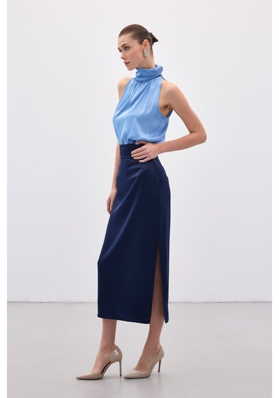 Sateen Bel Pile Detaylı Saten Etek - Lacivert-136551 Lacivert