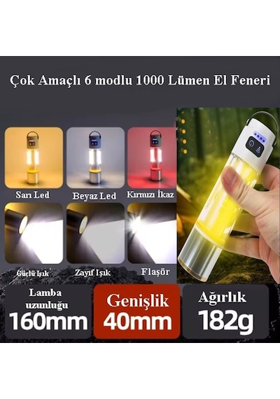 Gp-222 Zoomlu 1000lm Şarjlı Çok Fonksiyonlu El Feneri - Beyaz-kırmızı-sarı Ledli 6 Mod Kamp Lambası Çok Renkli