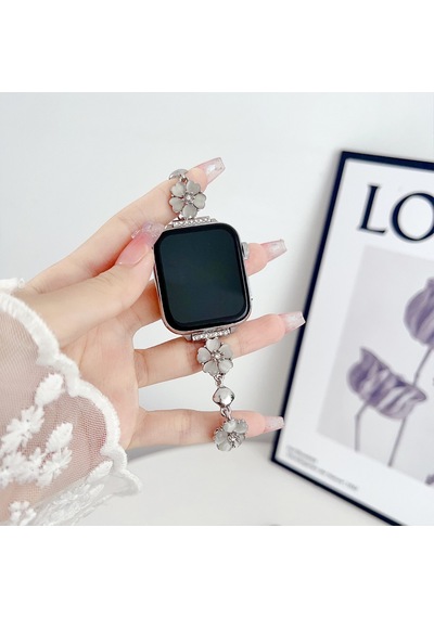 Apple Uyumlu  Watch Seri 4 5 6 7 8 9 10 42-38-40-41mm Çiçekli Ve Kalp Zincir Detaylı Bileklik Tasarım Kordon