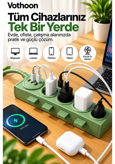 Vothoon 4 Lü Akıllı Priz Tek Dokunuşla Fiş Çıkarma 2 Metre Kablo 2 Type-c + Usb 15w Hızlı Şarj 3680w 0