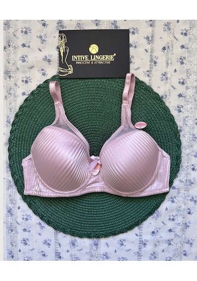 Evelyn Parlak Saten Çizgi Detaylı C Cup Balenli Desteksiz Önü Tül Pembe