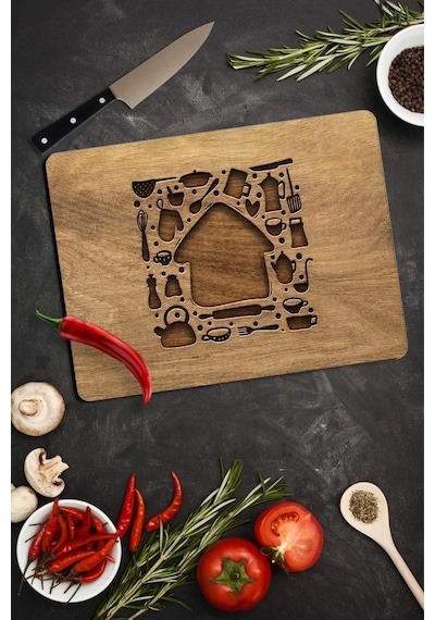 20x30 cm Ahşap Ev Desenli Cam Kesme Tablası/Tahtası
