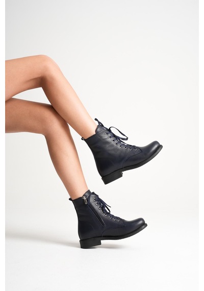 Analin Shoes Kadın Hakiki Deri Bağcıklı Ve Fermuarlı Bot Lacivert