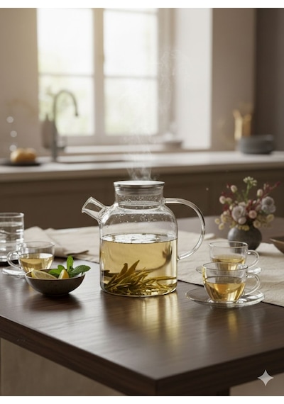 1800 Ml Metal Kapaklı Isıya Dayanıklı Cam Bitki Çayı Demliği Şeffaf