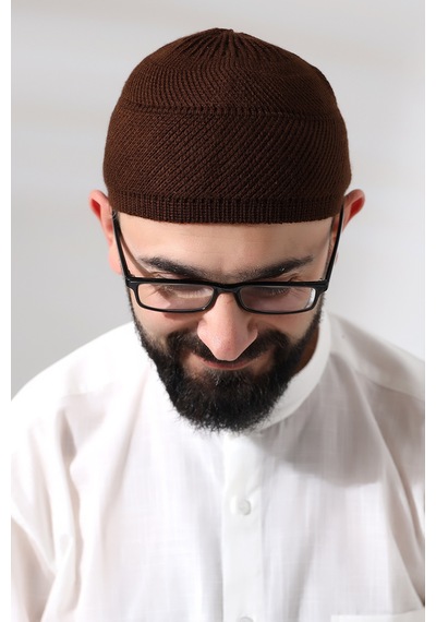 Kahve Süper Namaz Dantel Detaylı Örme Orlon Namaz Takkesi