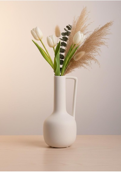 Fiona Seramik Vazo Kulplu, Beyaz 25 Cm Beyaz