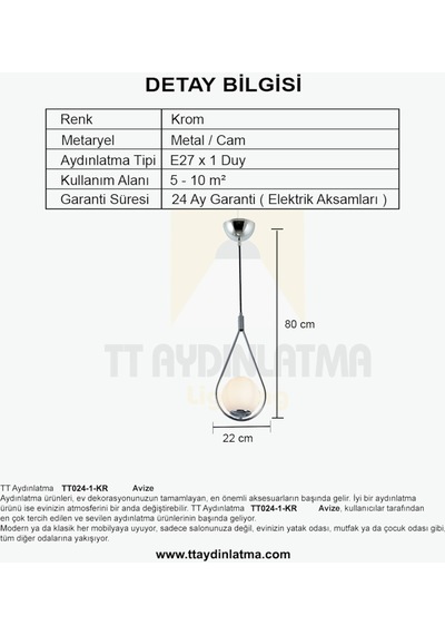 Tt024-1-Kr Tt Aydınlatma Krom Tekli Avize