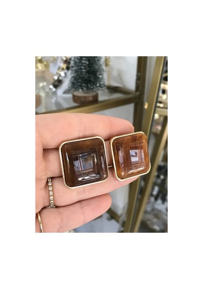 Kare Gold Detaylı Kahverengi Küpe