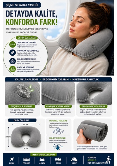 Gri Şişme Seyahat Boyun Yastığı Uçak Araç Kamp İçin Ergonomik Taşınabilir Travel Yastık