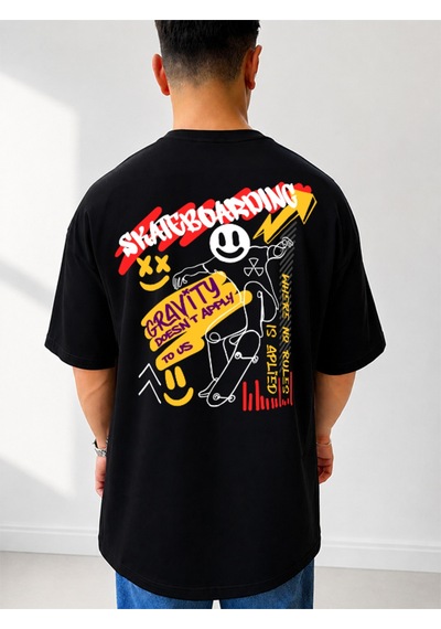 525 Oversize Sırt Baskılı Streetwear Unisex T-shirt Skateboarding Siyah