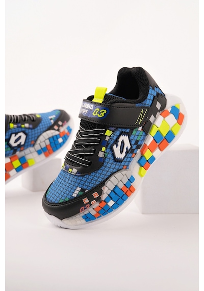 Muggo Block Renkli Blok Tabanlı Cırtlı Ve Bağcıklı Çocuk Sneaker Spor Ayakkabı Mavi