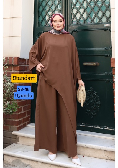 Balenbi Kadın Linda Kumaş Asimetrik Tunik Bol Paça Pantolon Oversize Tesettür Takım 1231 Kahverengi Balenbi Kadın Linda Kumaş Asimetrik Tunik Bol Paça Pantolon Oversize Tesettür Takım 1231 Kahverengi