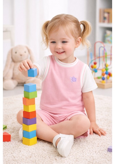 Harika Kids Kız Çocuk Şortlu Takım Yazlık Pamuklu Tişört Şort 2 Li Set Pembe