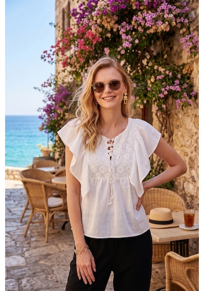 Lela Regular Fit Önden Bağlamalı Volanlı Bayan Bluz 611Fb20064 Ekru