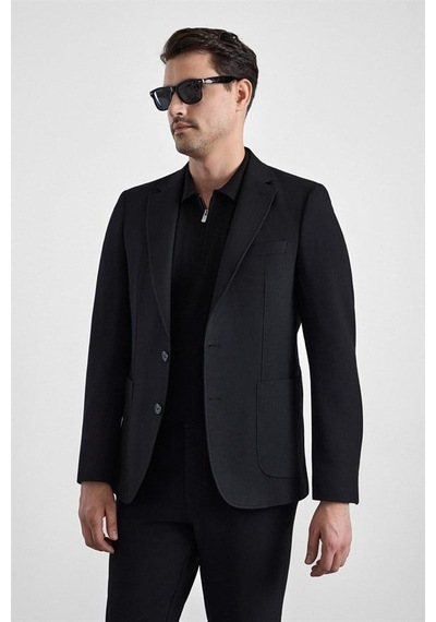 Süvari Siyah Slim Mono Yaka Düz Torba Cep 6 Drop Takım Elbise Tk1006900401-s09