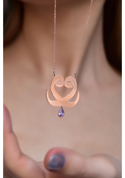 Papatya Silver 925 Ayar Gümüş Rose Kaplama İkili Vav Lila Taşlı Kolye