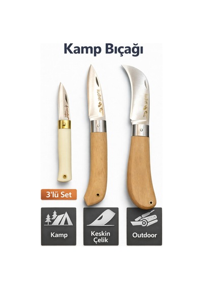 Senbang Kamp Bıçağı Seti 3 Lü El Yapımı Keskin Çelik Outdoor Bıçak, Ahşap Ve Krem Saplı Gri
