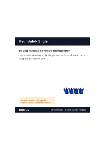 Trobus 4'lü Sibop Kapağı Alüminyum Kral Tacı Desenli Mavi