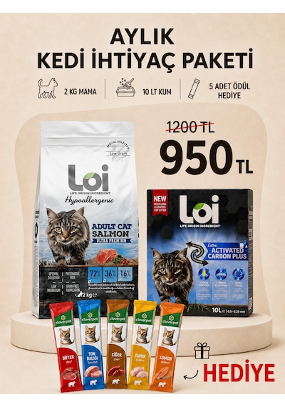 Aylık Kedi İhtiyaç Paketi 2 Kg Mama + 10 Lt Kum + 5 Li Karışık Ödül Maması Somonlu
